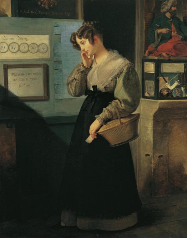 Peter Fendi, Mädchen vor dem Lotteriegewölbe, 1829, Öl auf Leinwand, 63 x 50 cm, Belvedere, Wie ...
